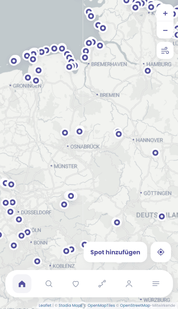 Spotfinder: die Spotara-Karte mit Windsurf-, Kite- und Wingfoil-Spots auf dem Smartphone